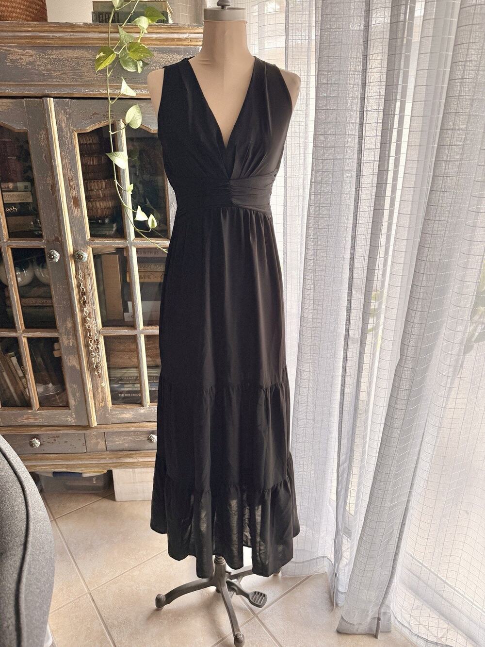 Black Tiered Maxi Sleeveless Dress Thin Long Sundress Whimsygoth Romantic Size S